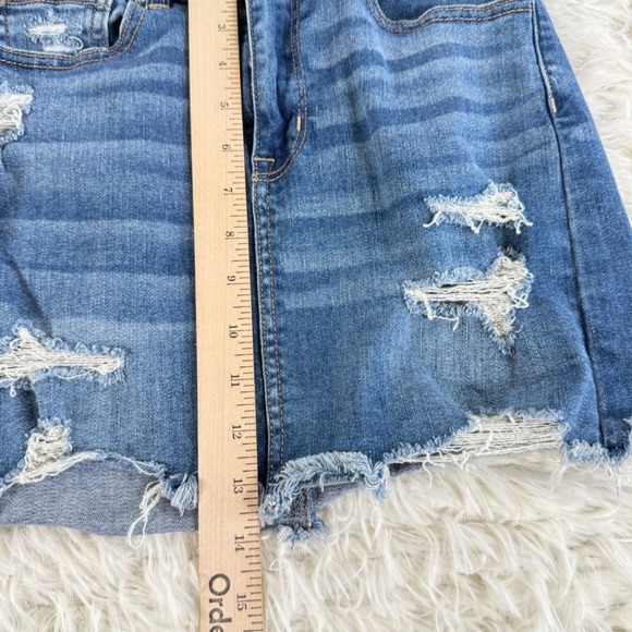 American Eagle Hi-Rise Mini Denim Skirt Size 4 Blue Stretch Distressed Y2K - Picture 9 of 11
